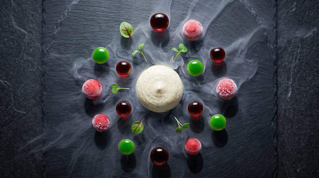 Modern Molecular Gastronomy Dessert with Liquid Nitrogen Smoke