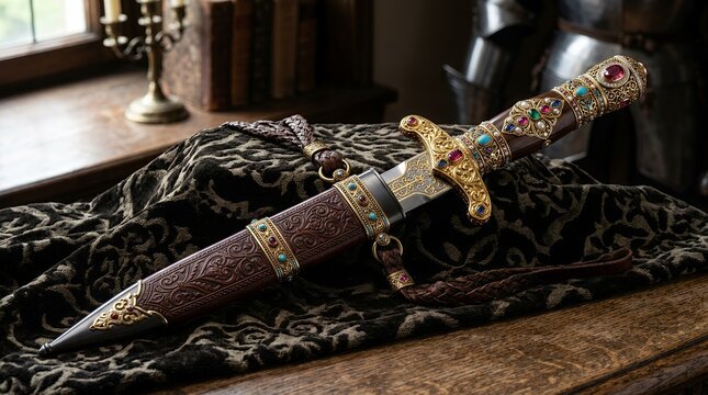 Ornate ceremonial dagger on dark velvet fabric.