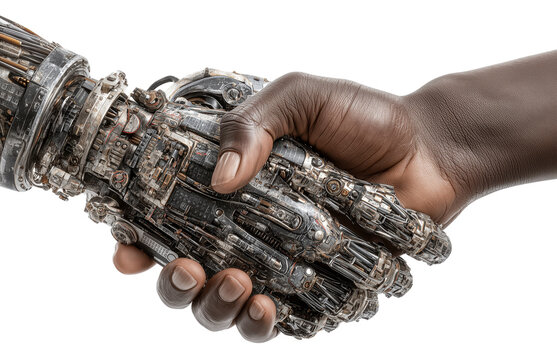Human hand shaking robotic hand symbolizes collaboration between humans and technology. image conveys sense of integration and partnership, highlighting fusion of human touch with, isolated