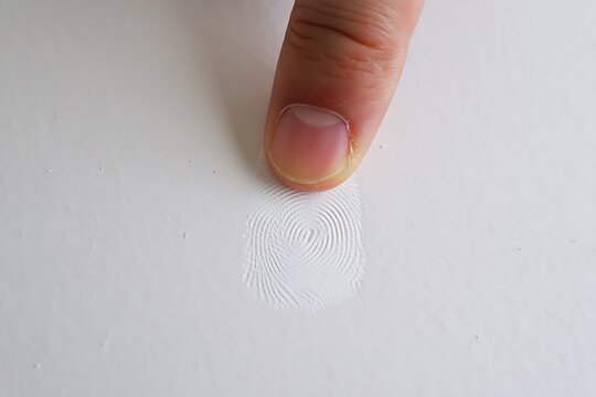 Human finger pressing down to leave a clear fingerprint impression on a smooth white surface