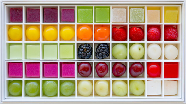 Assorted colorful fruit cubes and berries neatly arranged in a white grid box