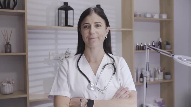 Confident doctor standing with arms crossed in calm clinic