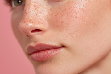 Naklejka premium Close up cheek delicate skin texture subtle shine and natural freckles on warm pink background, soft lighting highlights smooth pores and hydrated lips