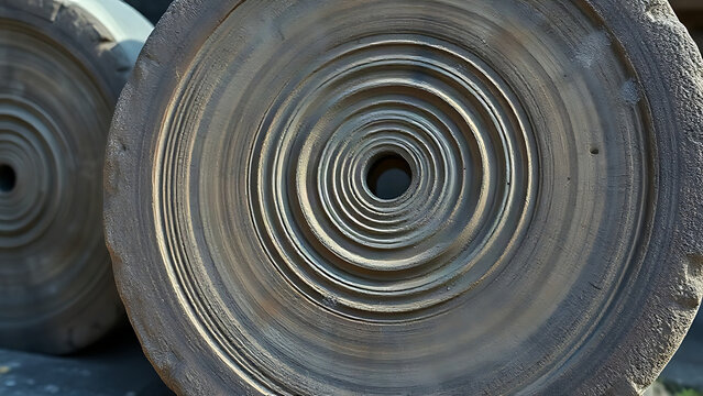 Two massive, weathered stone millstones with concentric grooves in soft morning light.