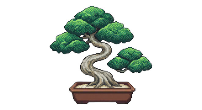 Pixel Art Bonsai Tree in Pot, Vintage Digital Illustration