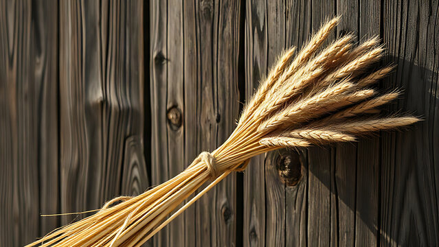 Bundle of dried ryegrass seed heads tied with twine against a weathered wooden barn wall.