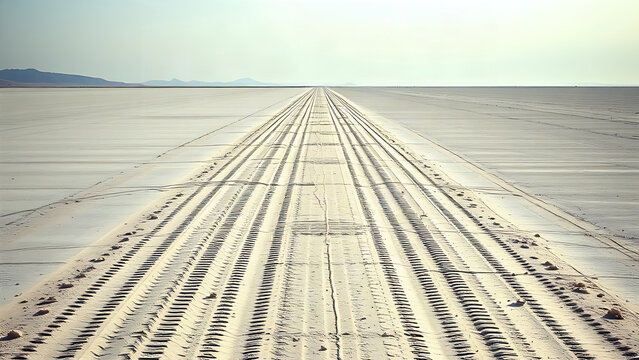 Long tire tracks stretching towards the horizon on a dry salt flat.