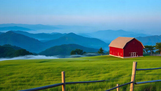 Great Smoky Mountains landscape with red barn and misty meadow, nature and rural life concept