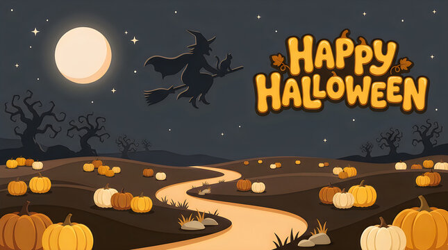 Happy halloween greeting card with a flying witch over a pumpkin field at night under full moon isolated on transparent background, Vector