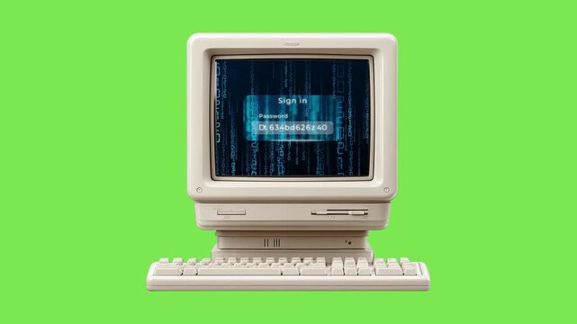 Vintage retro computer with secure login password screen on green screen chroma key background