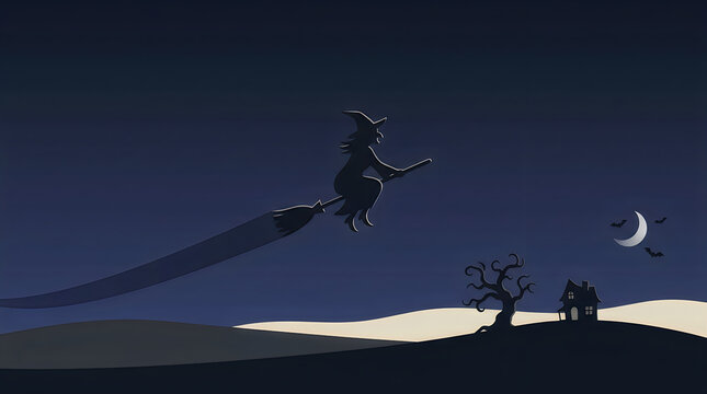 Silhouette of a witch flying on a broomstick over a spooky house at night under a crescent moon isolated on transparent background, Vector