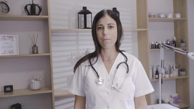 Woman fitting stethoscope earpieces in bright wellness studio
