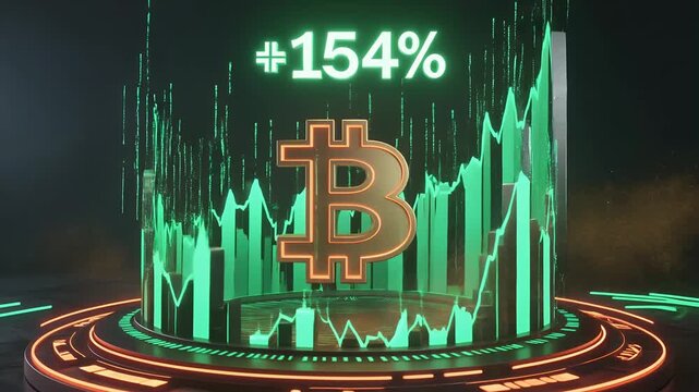 Bitcoin, cryptocurrency profit and bull market with digital finance, blockchain technology and trading. Investment, money growth and stock exchange with future coin, gold asset and success economy ri