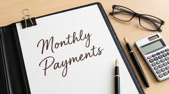 Words 'Monthly Payments' written on white paper on wooden table