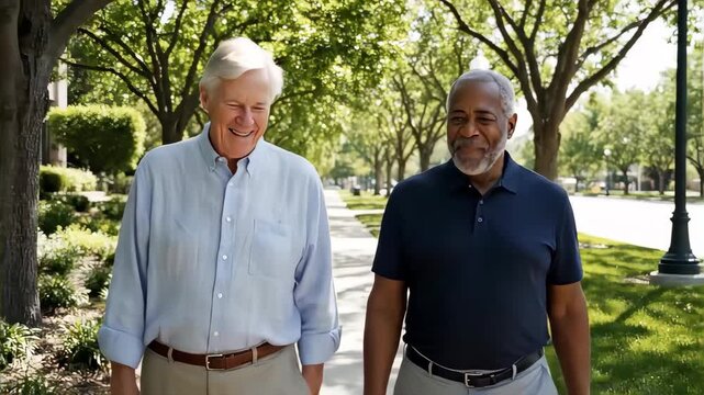 Two senior men walking and talking on a tree-lined sidewalk. Diverse friends enjoying a relaxed conversation outdoors. Active aging and friendship concept