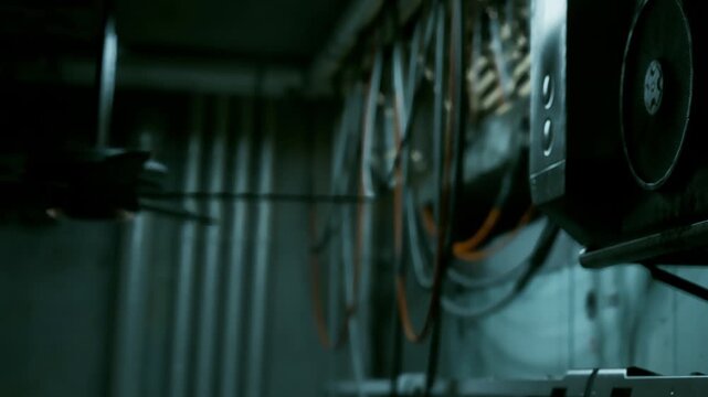Control panel is mounted on a wall in a machine room. Wires connect various devices. The setting has little light and is built for technical work.