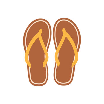 Classic brown flip flops with yellow thong strap vector illustration. Flat summer beach sandals graphic element for vacation designs, poolside graphics, travel posters, and stickers