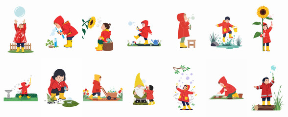Fototapeta premium A collection of cute illustrations featuring a young child in a red raincoat and yellow boots playing in the garden.