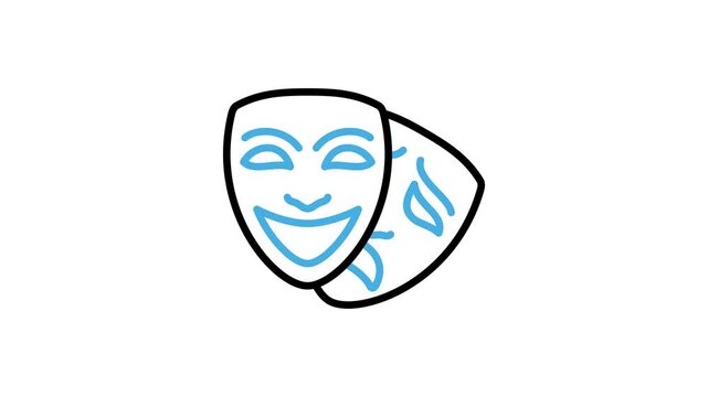 Animated theater mask icon for performance, entertainment, event, comedy, cinema. Masquerade emotion face, drama theater happy and sad mask animation video. Motion graphics with alpha channel