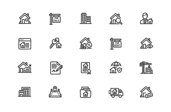 Real estate and property line icons set featuring home search, mortgage, agent, house contract, insurance, sale, rent, key, location, and construction symbols.