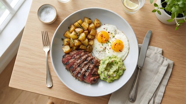 Hearty breakfast plate with fried eggs roasted potatoes smashed avocado spiced meat