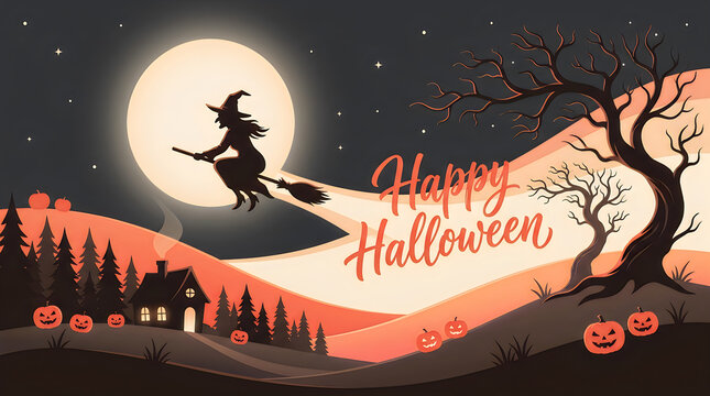 Witch flying on a broomstick in front of a full moon with happy halloween text on a dark landscape isolated on transparent background, Vector