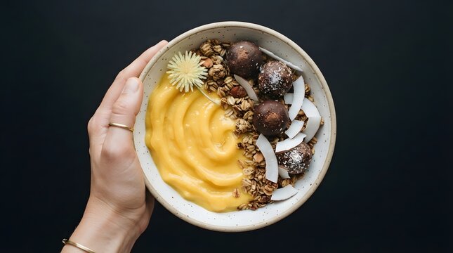Person holding a yellow mango smoothie bowl topped with chocolate balls and coconut flakes