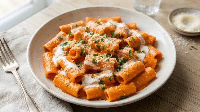 Rigatoni pasta dish with creamy tomato sauce and grated parmesan cheese italian food hot food