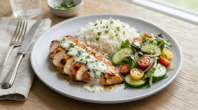 Grilled chicken breast with white rice and fresh cucumber tomato salad healthy meal vegetables
