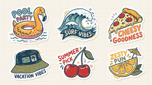 Vibrant summer themed sticker collection featuring hand drawn illustrations of beach vacation essentials with summer themes flamingo