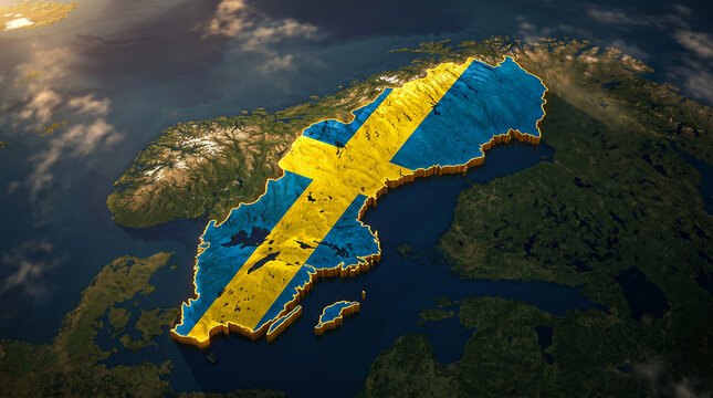 Sweden map layout with yellow and blue national flag sits atop northern europe satellite imagery showing scandinavia.