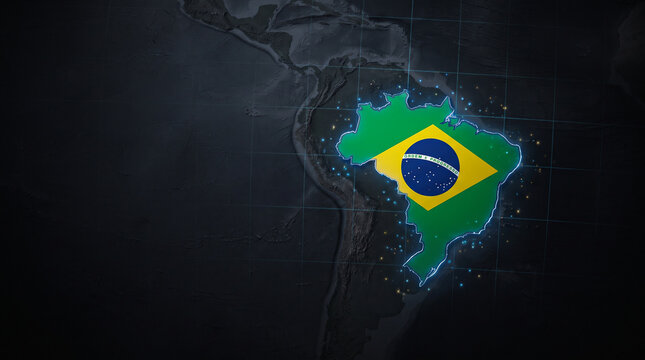 Brazil map outline with green and yellow flag glow effects against dark satellite view of south america continent.