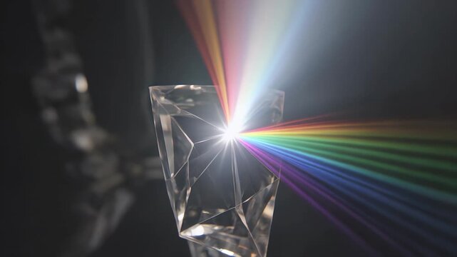Crystal prism light, dispersion and rainbow spectrum in dark studio for science research and education. Glass diamond, physics experiment and refraction with optics, color rays and beam effect