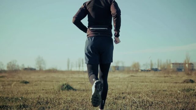 Runner Jogging In Grassy Field On Clear Day 