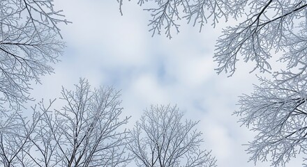 Obraz premium Gazing skyward through a serene canopy of frost-kissed winter tree branches against a soft, cloud-filled firmament, evoking a peaceful natural beauty