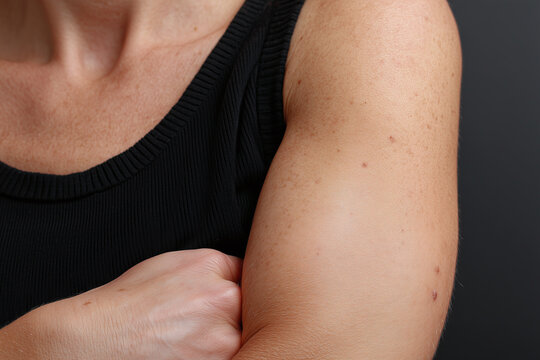 Smooth toned female upper arm showing improved skin texture and even tone, close up of folded arm with natural freckles and minor blemish details