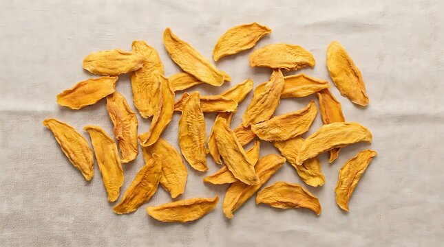 A pile of dried mango slices on a light grey textured surface. dried mango flakes