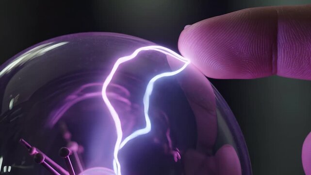 Plasma ball, finger and electricity with light for science, physics experiment and educational demo. Static energy, glass sphere and touch in laboratory with power, discharge and glow effect