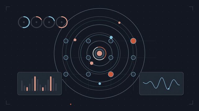 Abstract animated qubits interacting inside a quantum processor drawn as coral and magenta lines and shapes on a deep dark background. Seamless looping 4K motion graphics video with free space for tex