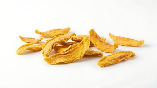 A pile of sweet dried organic mango slices for a healthy snack. dried mango flakes