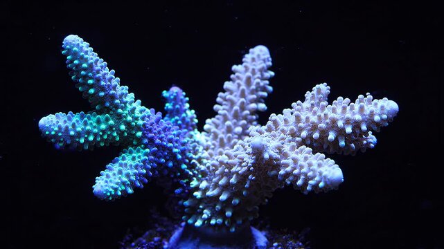 Stunning Acropora SPS Coral Colony with Vibrant Green and Purple Polyp Extensions Inside a Saltwater Reef Aquarium