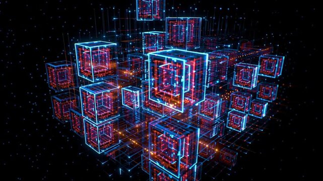 Quantum computing breakthroughs. Quantum algorithms. Entanglement. Scientific discovery. Futuristic neon glowing cubes with digital circuit patterns.