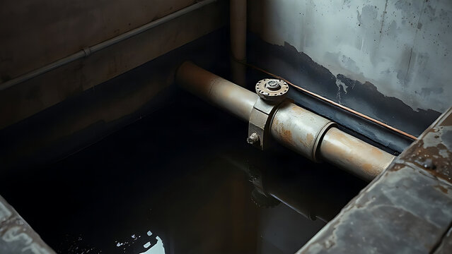 Industrial sump pit with a metal pipe submerged in dark water.