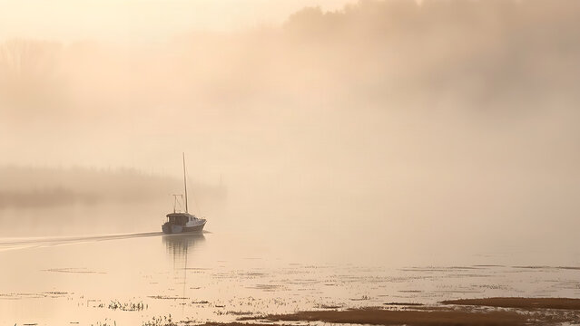 Solitary boat moving through mist-covered river, reed beds along the banks, atmospheric fog, serene landscape.