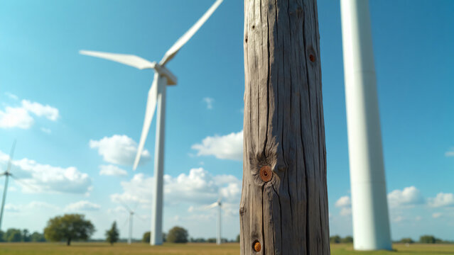 Wooden Pole Transitioning to Wind Turbine Modern Infrastructure