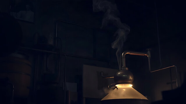 Copper distiller illuminated from below, steam swirling in a dark workshop.