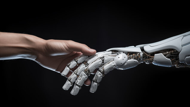 Robot hand making contact with human hand. Technology robot AI meets human person