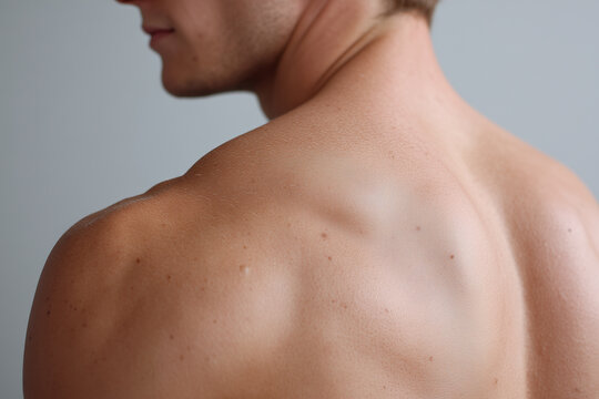 Young male back close up showing dimple and skin texture with natural light and soft detail, minimal blemish and neutral background creating calm intimate mood