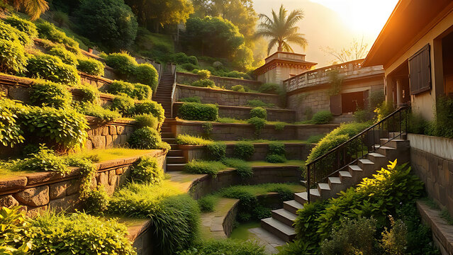 A lush terraced garden with overflowing vegetation on stone platforms, ancient architecture.