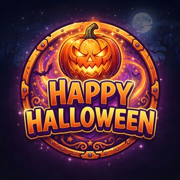 Festive jack o lantern with happy halloween text on a dark background